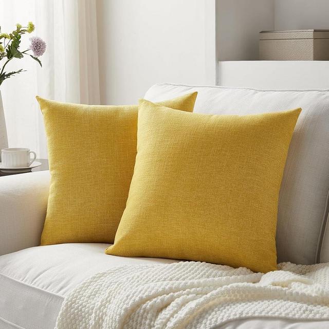 Meekio Set of 2 Yellow Pillow Covers 18 x 18 Inch Decorative Throw Pillow Covers Linen Cushion Covers for Summer Decor
