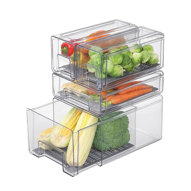 Bronkeeper Pull Out Clear Fridge Organizer Drawers with Drainer, Refrigerator Stackable Storage Bins for Kitchen Fruit & Veggie Organization (Complete Set)