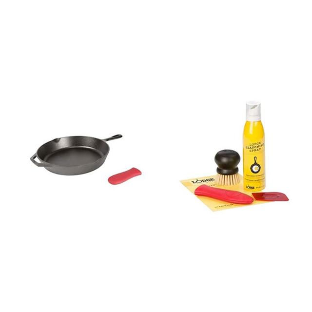 Lodge Pre-Seasoned Cast Iron Skillet with Assist Handle Holder, 12", Red Silicone & Seasoned Cast Iron Care Kit 5-Piece Set, One Size, Assorted