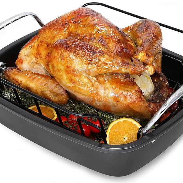 AOTASO Nonstick Roasting Pan with Rack, Turkey Roasting Pan for Oven, Large Roaster Pan with Handle for Chicken, 17 X 13 Inch, Carbon Steel, Dark Grey