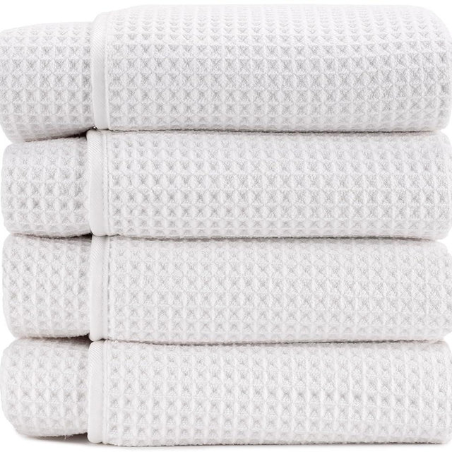 S&T INC. Aura Microfiber Waffle Bath Towels, 4 Pack, Quick-Dry, Ultra Absorbent, Lightweight Towels for Bathroom, Gym, Travel and Beach, 30 inches x 60 inches, 420GSM, White