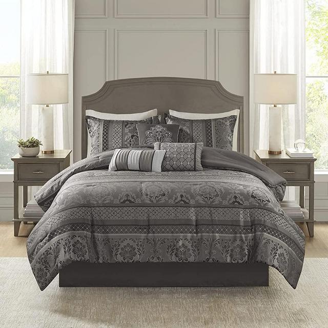Madison Park Cozy Comforter Set-Luxurious Jaquard Traditional Damask Design All Season Down Alternative Bedding with Matching Shams, Decorative Pillow, Cal King(104"x92"), Grey 7 Piece