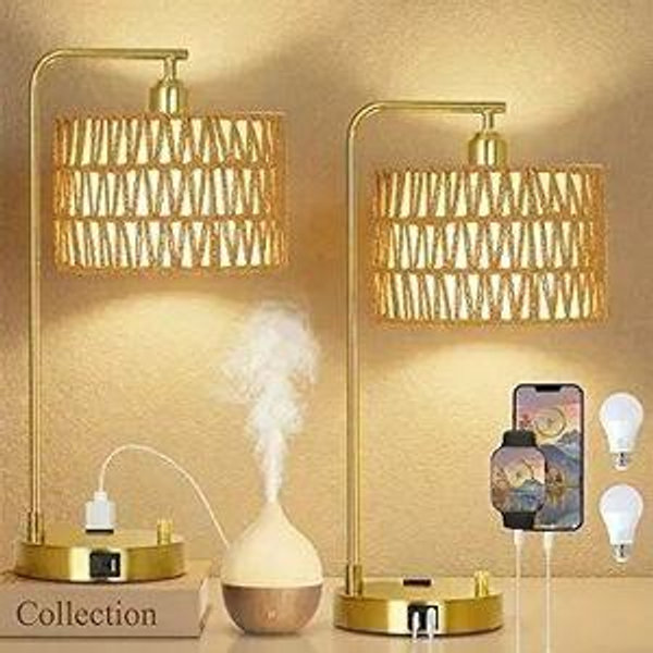 Boho Table Lamps With USB Charging Ports And Outlet, Dimmable Rattan Lamp Set Of 2 With Bulbs, Wicker Bedside Lamps For Bedroom Living Room Side Table, Gold Tall Desk Lamp For Bohemian Home Office