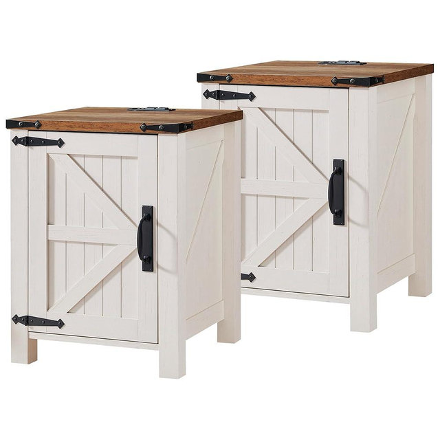 OKD Farmhouse Nightstand Set of 2 with Charging Station, 18 Inch Rustic End Table with Barn Door Cabinet, Adjustable Storage Shelf, Wood Sofa Side Table for Living Room, Bedroom, Antique White