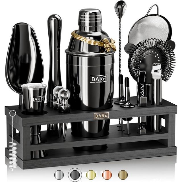 BARE BARREL® Mixology Bartender Kit Bar Set | 16-Piece Cocktail Shaker Set | Martini Barware Mixing Tools for Home Bartending | Incl. 35 Recipe Cards | Gift Set (24oz Cobbler Shaker, Jet Black/Black)