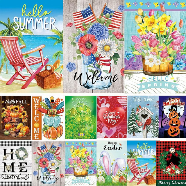 Seasonal Garden Flags Set of 12-Double Sided 12 x 18 Inch Outside Yard Flags, Small Flags for Outside, Holiday Garden Flags for All Seasons, Fall Winter Halloween Christmas Outdoor Flags
