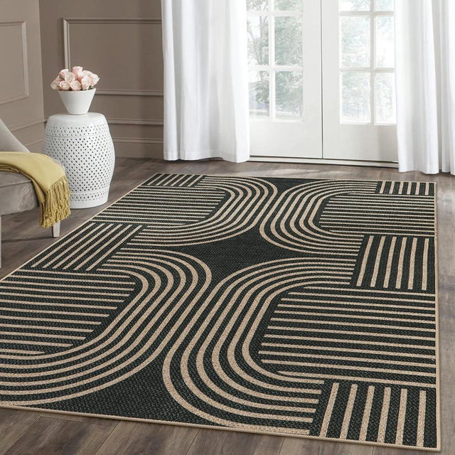 Lahome Modern Geometric Outdoor Easy Jute Rug, 5x7 Patio Living Room Rug Large Black Carpet for Bedroom, Farmhouse Washable Indoor Outdoor Carpet for Dining Room Backyard Deck