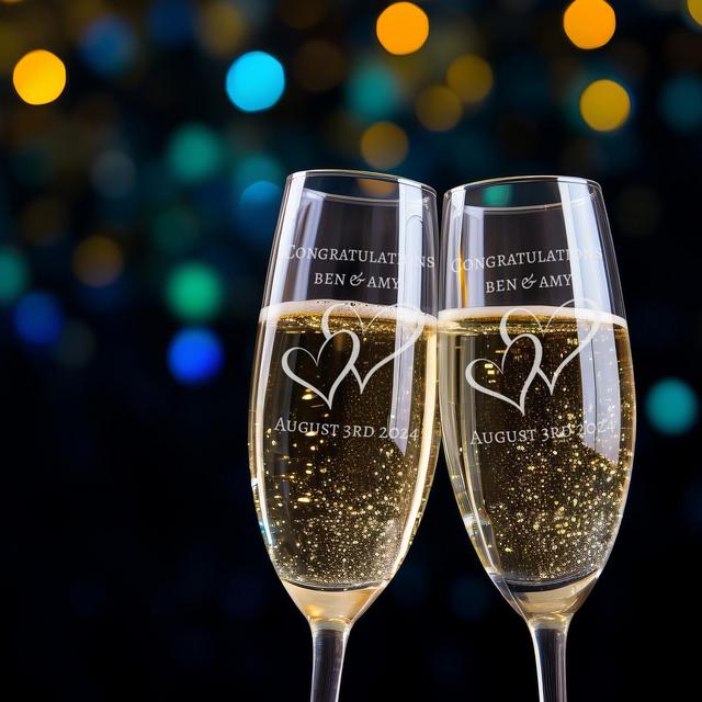 Personalised Champagne Flutes Pair, Heart Design Couples Champagne Flutes, Personalised Anniversary, Wedding, Engagement Glasses