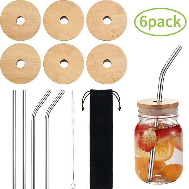 6 Sets Jar Lids with Straw Hole, Regular Mouth Bamboo Jar Lids Compatible with Mason Jar and 4 pieces Reusable Stainless Steel Straw, Cleaning Brush and Bag for Drinking