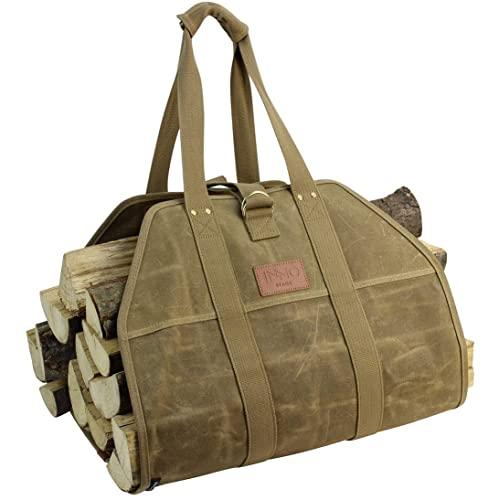 INNO STAGE Fire Wood Log Carrier Tote Bag, Waxed Canvas Hay Hauling for Fireplace, Round Woodpile Carrying for Tubular Stand by Hearth Stove or Outdoor Camping