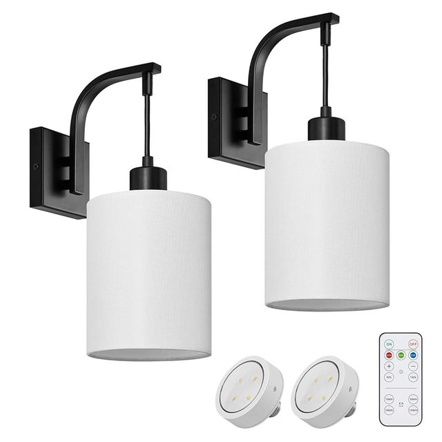 SURAIELEC Battery Operated Wall Sconce Set of 2, Wireless Wall Lamp with Remote Control, 3 Color Temperatures, Indoor Wall Lights for Living Room Decor, Dimmable Light Bulb, White Linen Shade