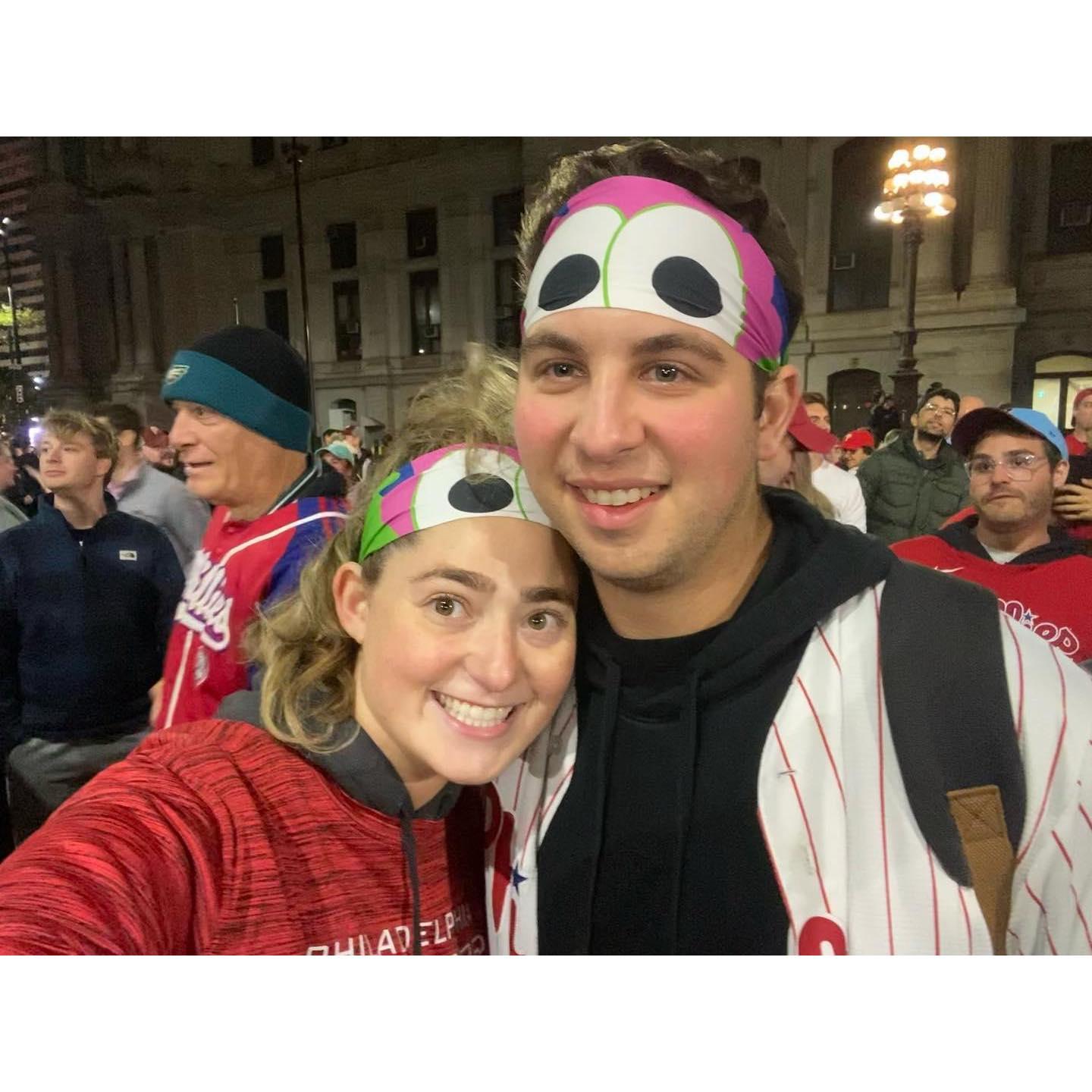 "Jamie, get your shoes on, we're going to broad street!" 
Bret & Jamie celebrating the Phillies clinching a World Series birth in 2022.