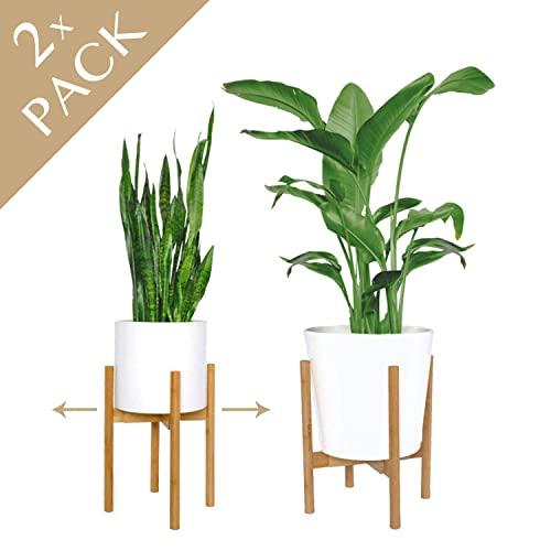 mini + MOD Mid Century Plant Stands. Get 2 adjustable indoor plant stand/plant holder (8"-12") in natural bamboo. Plant stands indoor. Used as tall plant stand or flower stand [plant pot NOT included]
