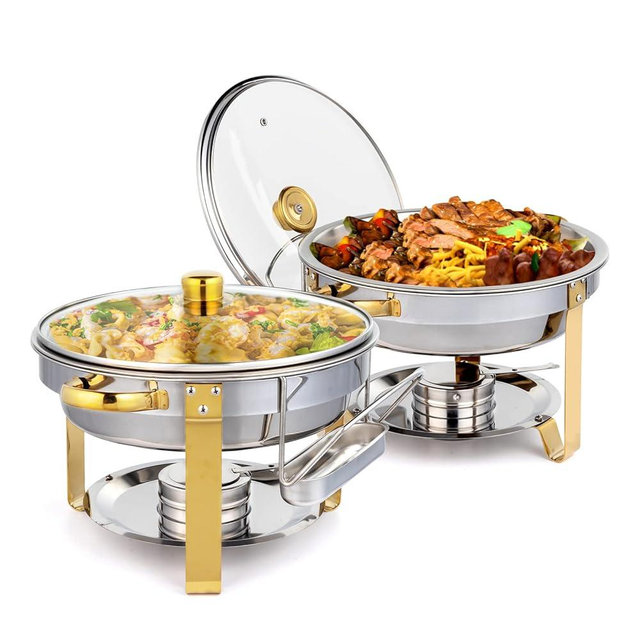 ROVSUN 5QT 2 Packs Chafing Dish Buffet Set Gold Accent, NSF Round Stainless Steel Buffet Warmer Chafers and Buffet Warmers Sets with Glass Lid & Lid Holder for Catering Events Parties Weddings Dinners
