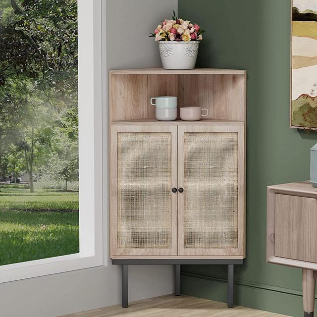 Corner Cabinet with Handmade Decorative Natural Rattan Doors, Corner Shelf Stand, Corner Storage Cabinets, Corner Table for Living Room, Kithcen or Bedroom, 4-Tier, Natural