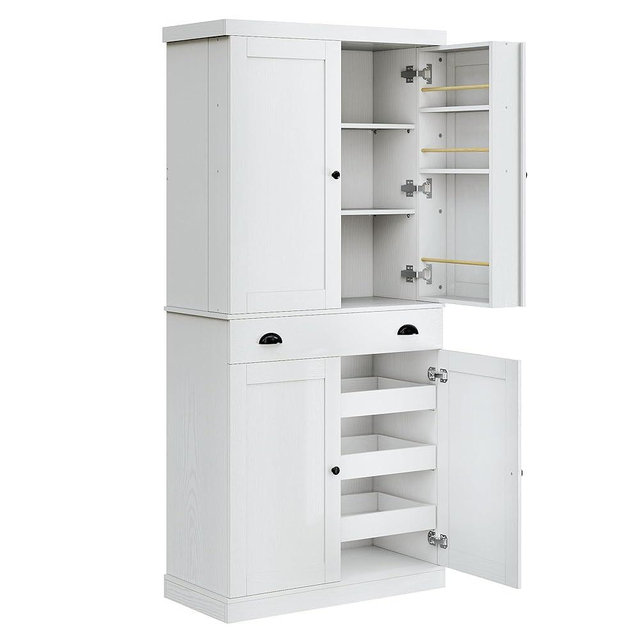 IRONCK Kitchen Pantry Cabinet 72" Height, Freestanding Cupboard with Drawer, Sliding Storage Rack, and 6 Hanging Shelves for Dining Room, Laundry, Living Room, White