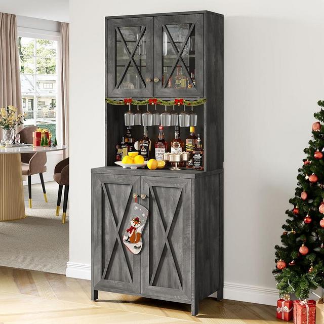 YITAHOME Farmhouse Bar Cabinet for Liquor and Glasses, Dining Room Kitchen Cabinet with Wine Rack, Upper Glass Cabinet, Open Storage Shelves for Living Room, Hallway, Charcoal Grey
