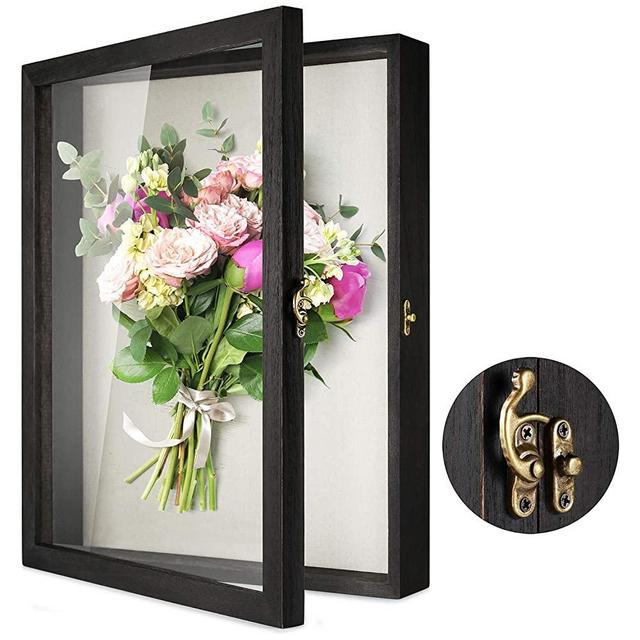 TJ.MOREE Flowers Shadow Box Display Case 13” x 16” Large Shadow Box Frame with Glass Window Door Picture Frame Wedding Bouquet Memorabilia Medals Photos Memory Box for Keepsakes - Rustic Black