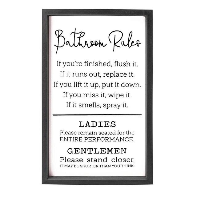 VILIGHT Bathroom Rules Sign - Farmhouse Toilet Decorations Funny Restroom Wall Decor - Black Frame Vertical 16x9.5 Inches