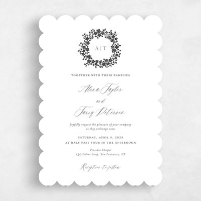 White Scalloped Wedding Invitation - Tiglio Wreath