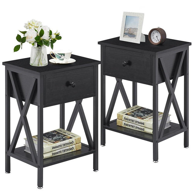 VECELO End Tables, Modern Nightstand with Drawer & Shelf, Night Stand for Bedroom Living Room,Industrial Metal Frame