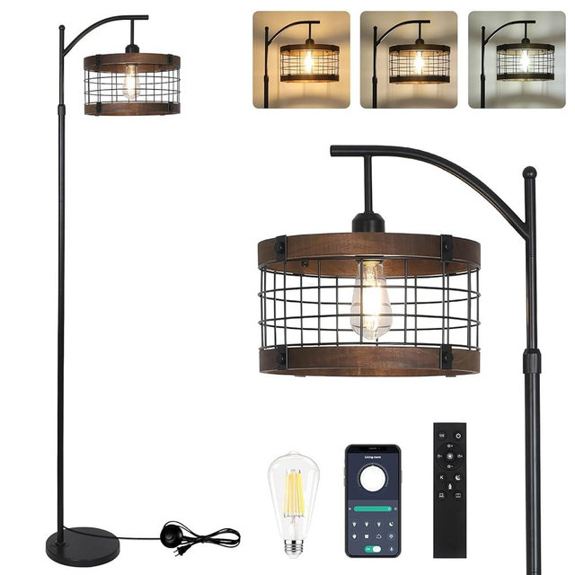 Arc Floor Lamp with Remote & Dimmable LED Bulb, Vintage Wood Floor Lamps for Living Room, Industrial Black Standing Lamp with 3 Color Temperature, Farmhouse Rustic Tall Lamp for Bedroom Office Corner