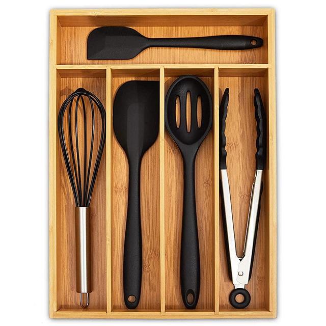Ohwin Bamboo Drawer Organizers Kitchen Silverware Organizer with 5 Compartments, Flatware Drawer Organizer Tray - Bamboo Hardware Organizer Cutlery and Utensil Tray, Perfect for the Kitchen, Bathroom