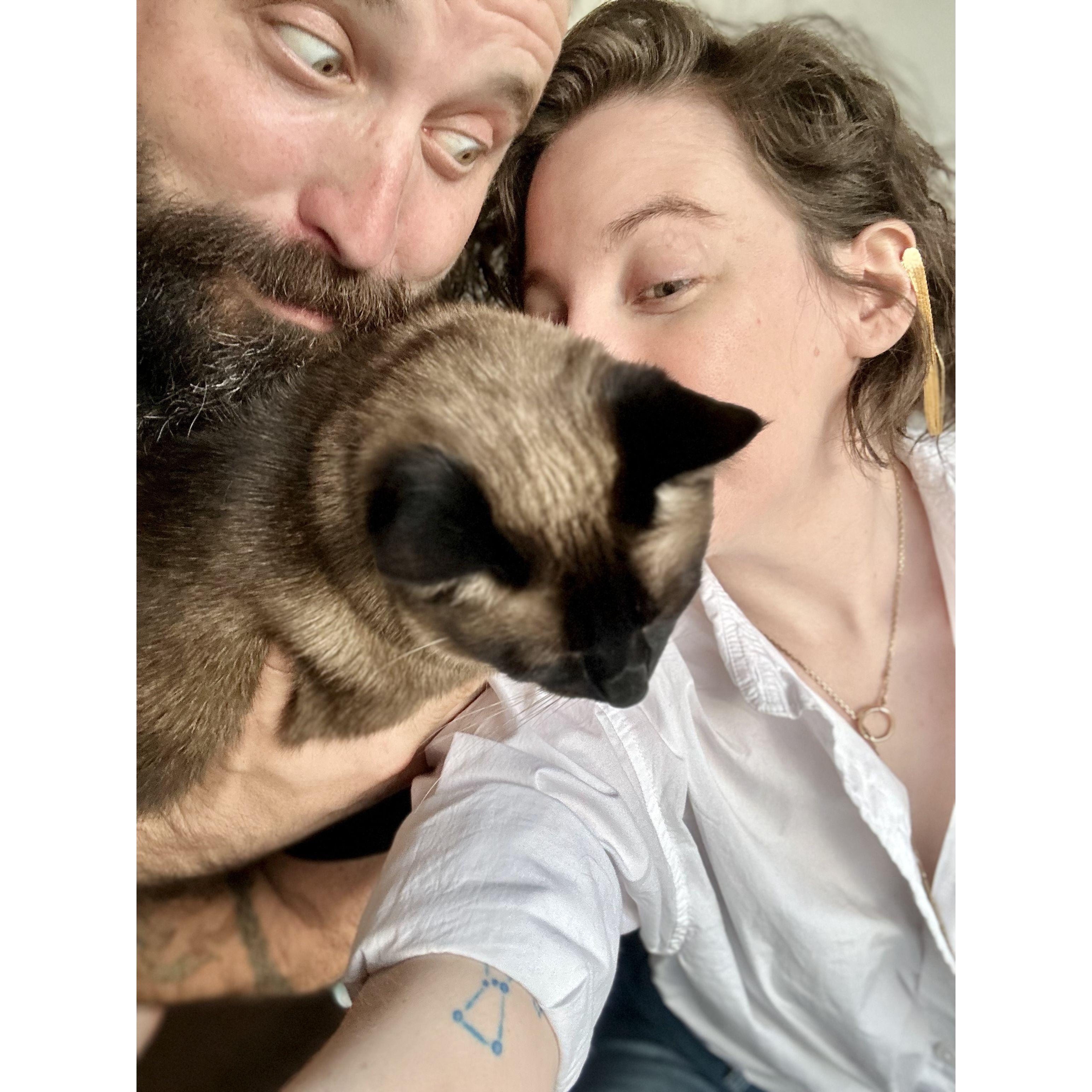 With our giant (grumpy) furry monster, Monkey.