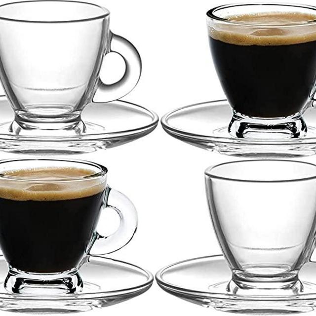 Espresso Cups, 3.2 oz Small Demitasse Clear Glass Espresso Drinkware, Set Of Cups, Saucers and Stainless Steel mini Spoons + Free Glass Spoons (set of 4)