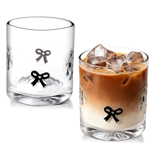 Sel Natural 2 Pcs Anthropologie Glass Juice Cups Bow Icon Bow 14oz Handblown Cocktail Glasses Aesthetic Drinking Glass Old Fashioned Iconic Glasses for Women Sister Friend Party (Black)