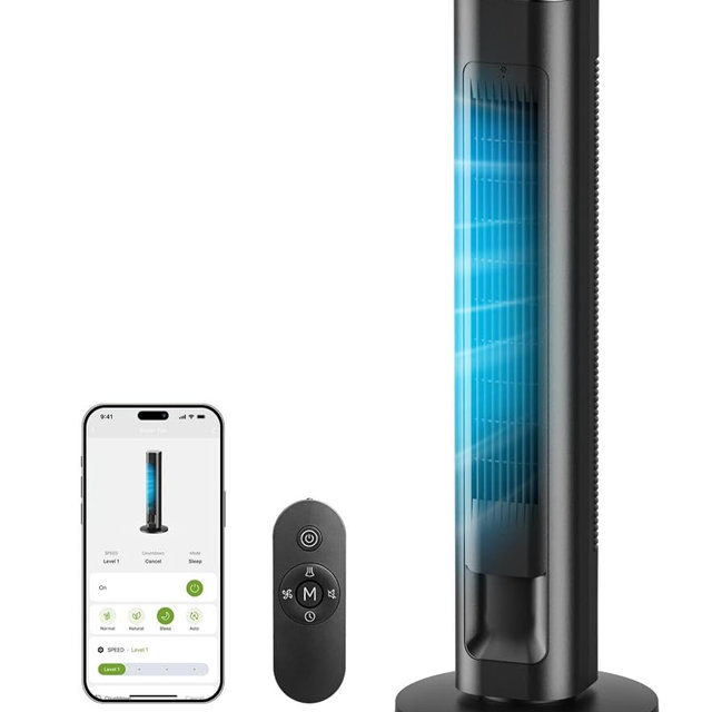 MORENTO Tower Fan for Bedroom, 36" Smart Standing Fan with WiFi APP Voice Control, 4 Modes 4 Speeds, 90° Oscillating, 12H Timer & 25dB Ultra Quiet Safe Bladeless Floor Fan with Remote, Black, 1 Pack