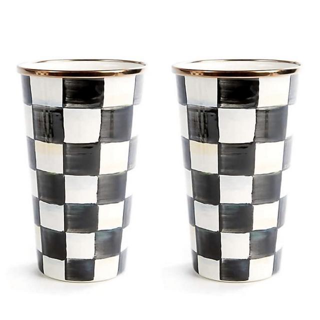 MACKENZIE-CHILDS Enamel Tumbler Glasses, Large Enamel Cups, 20 Ounces, Black-and-White Courtly Check