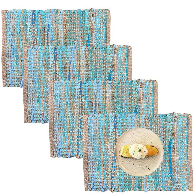 Perilla Home Natural Chindi Jute Placemats Set of 4 Vintage Boho 13x19 Inch Table Mats for Kitchen Dining Home Decor Rectangle Turquoise Stripe Rustic Placemat