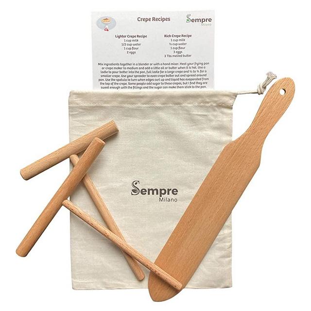The ORIGINAL Crepe Spreader and Spatula Set, Natural Beechwood 3 Piece Kit (5" and 7" Spreaders and 13" Spatula) with Handy Storage Bag and Bonus Recipe Card by Sempre Milano