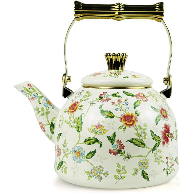 Vintage Enamel Tea Kettle, Fragrant Flowers Pattern Stovetop Teapot with Gold Handle, 2.5L Enamel Kettle Kitchen Decor, Ideal Gift for Housewarming Camping Coffee Pot