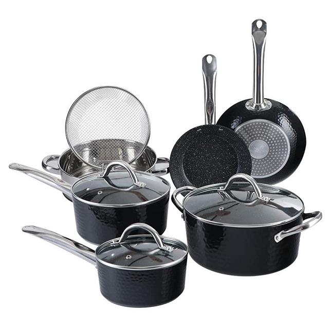 Induction Kitchen Cookware Sets Nonstick - Granite Hammered Pan Set 15 Piece, Dishwasher Safe Cooking Pots and Pans Set