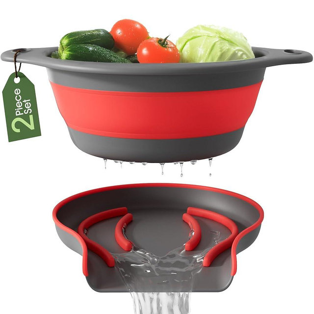 Gevoli Strainer with Self-Draining Base (5QT) Over-Sink Collapsible Kitchen Colander Set with Side-drain Base for Pasta Vegetables and Fruit, XL Large Capacity, Dishwasher Safe (5-Quart) Red/Gray