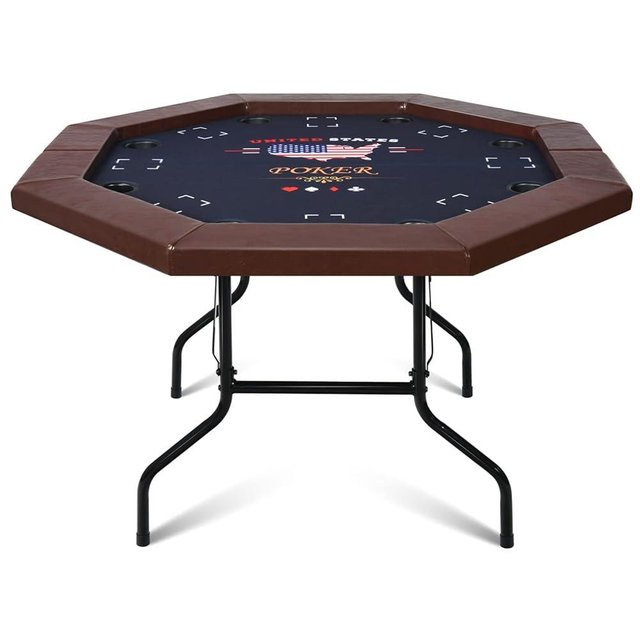 48" Poker Table Foldable, 8 Player Octagon Folding Portable Card Table with Padded Rail, 8 Deep Meatl Cup Holders & Casino-Grade Felt Surface for Texas Holdem, Blackjack, Easy Assembly (Brown)