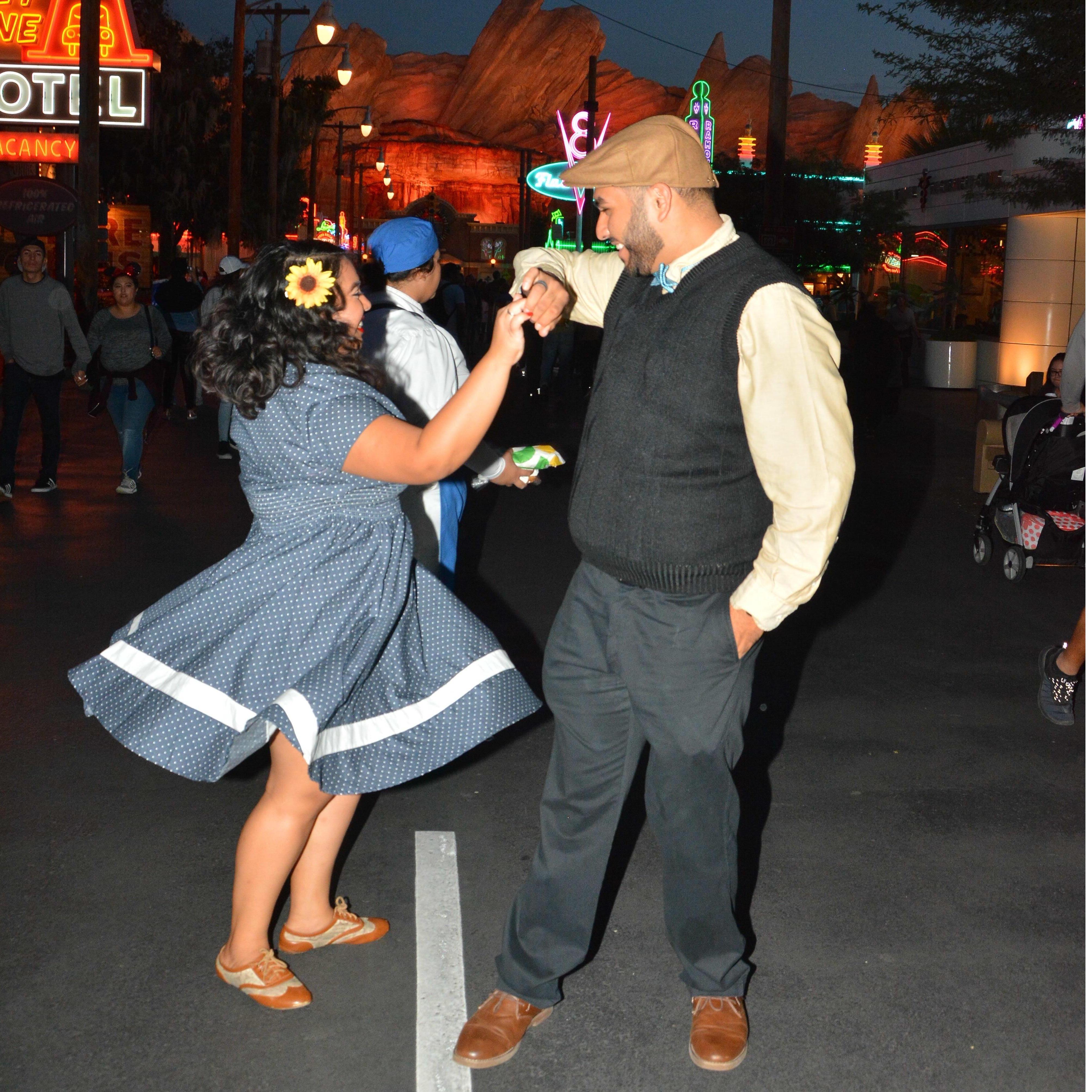 Practicing our Lindy hop in Cars Land