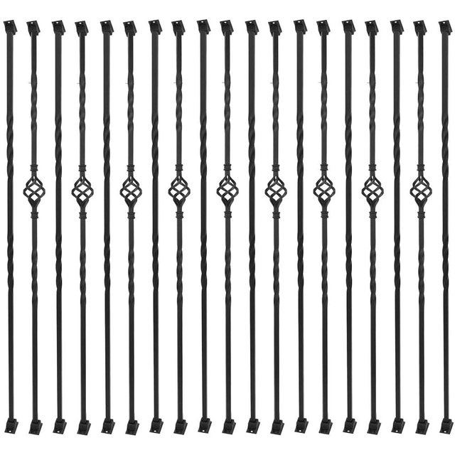 Sidasu 30 Pack Iron Balusters Stair Spindles Hollow Single Basket Black Iron Spindles Double Twist 1/2" Square Metal Balusters with Baluster Swivel Shoes 180 Degree Adjustable Direction