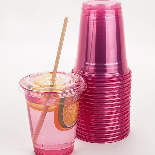 GOLDEN APPLE, color cups series 12oz 30sets Pink Red Plastic cups with Clear Flat lids X hole (30cups+30lids) BPA Free