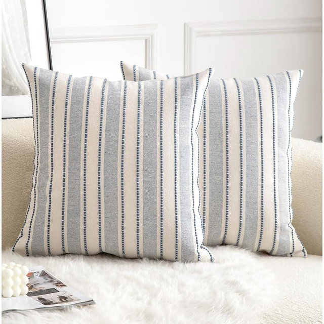 Cethom Decorative Boho Throw Pillow Covers, Farmhouse Textured Pillow Case, 22 x 22 Inch Set of 2, Chair Sofa Bedroom Living Room Home Decor Couch Cushion Case, Classic Blue and Beige Striped