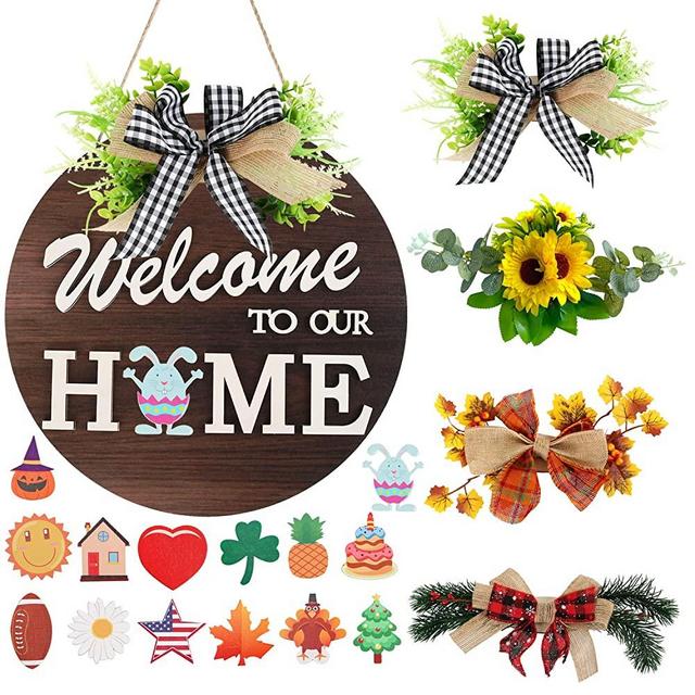 Interchangeable Welcome Sign for Front Door with 4 Seasonal Wreaths and 14 Changeable Icons, Farmhouse Front Porch Décor, Front Door Decoration, Seasonal Rustic Wooden Wall Sign home décor