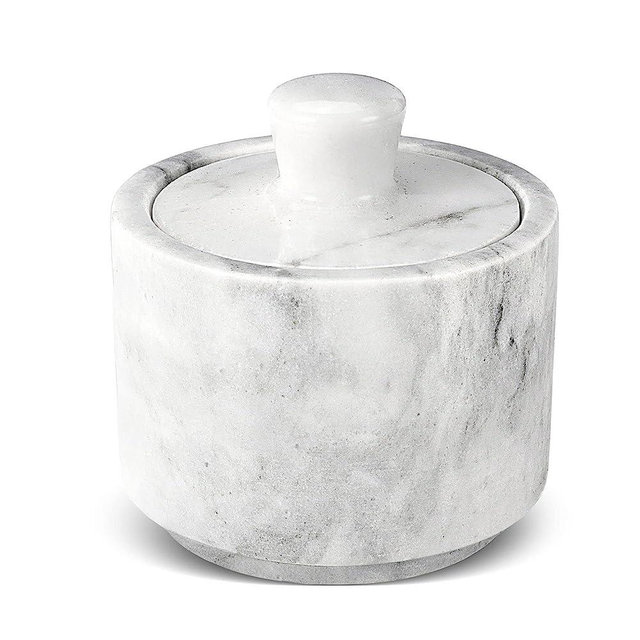 Flexzion Marble Salt Cellar with Lid, Multi-Purpose Marble Container for Salt, Pepper, Paprika and Powdered Herbs, Marble Box for Jewelry, Watches and Accessories (White)