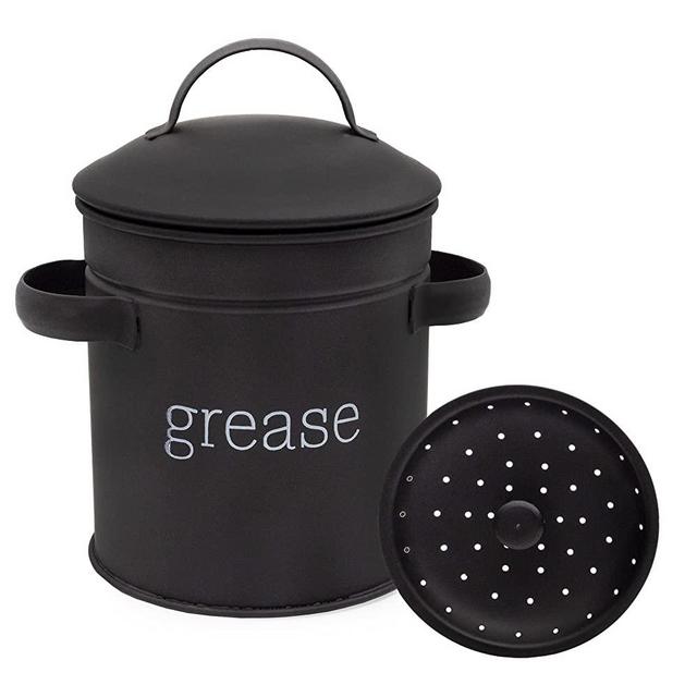 AuldHome Enamelware Grease Container with Strainer (Black), Farmhouse Style Kitchen StorageTin, Labeled “Grease”
