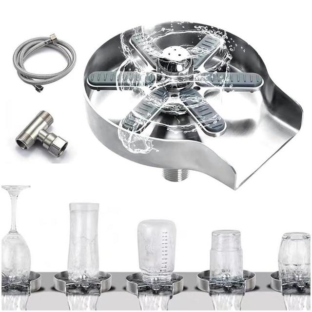 360° Rotary Stainless Steel Glass Rinser, Faucet Glass Rinser for Kitchen Sinks,Metal Cup Cleaner for Sink,Glass Bottle Cleaner Sink Attachment (9 Holes Rotation, Brush Nickel)