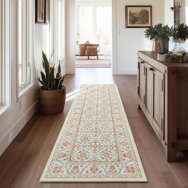 jinchan Runner Rug 2x6 Washable Rug - Boho Vintage Floral Low Pile Thin Non-Slip Non-Shedding Rug for Entryways, Kitchen, Living Room, Bedroom, Hallway, Floor, Laundry Room, Cream Red Green Multi