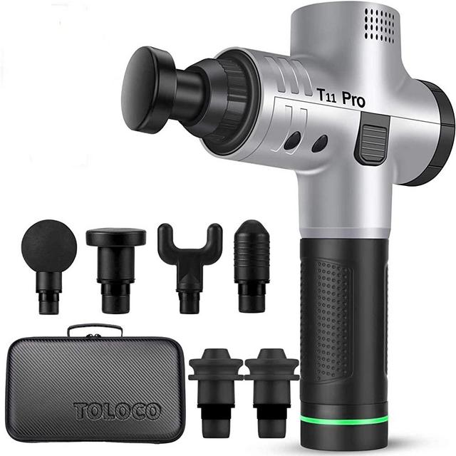 TOLOCO Massage Gun - T11 Pro Upgraded Handheld Muscle Deep Tissue Muscle Massager, Body Massager Sports Drill Portable Super Quiet Brushless Motor (Silver)