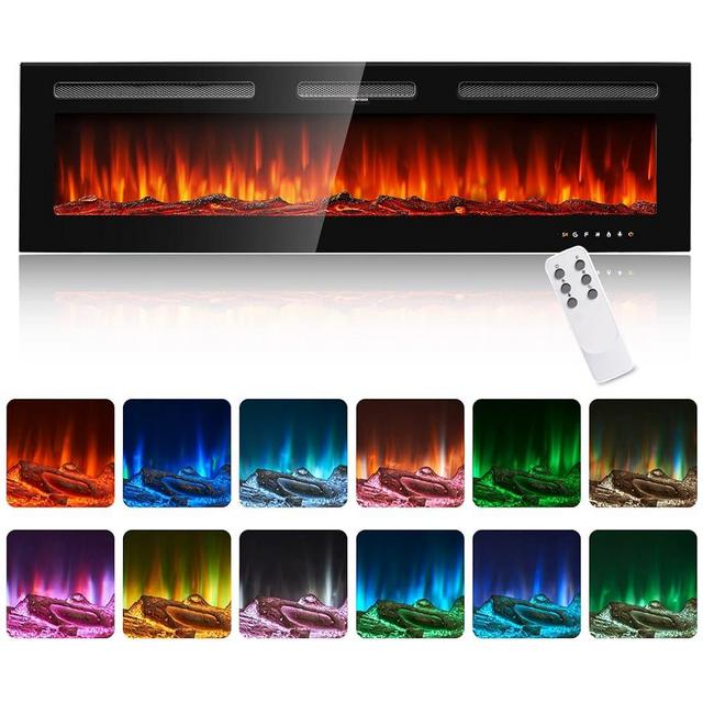 oneinmil Electric Fireplace, 60 inch Wide Recessed and Wall Mounted Electric Fireplace, 750W/1500W, 12 Color Flame, Remote Control, Log Set & Crystal