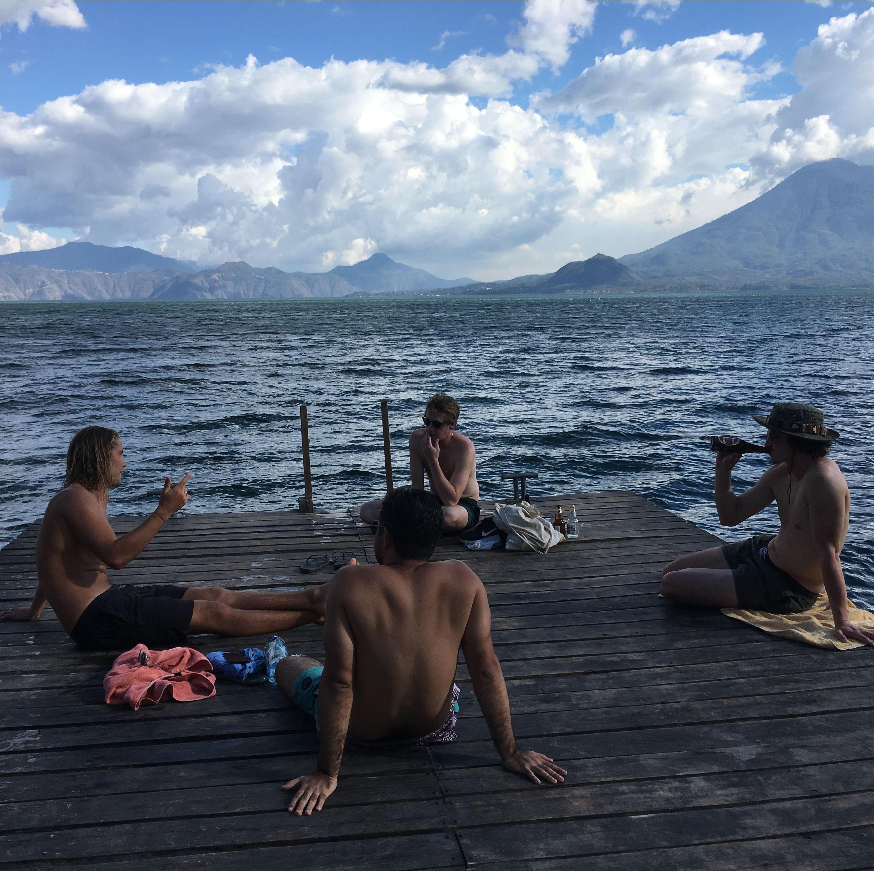 Making friends on a dock on Lake Atitlan